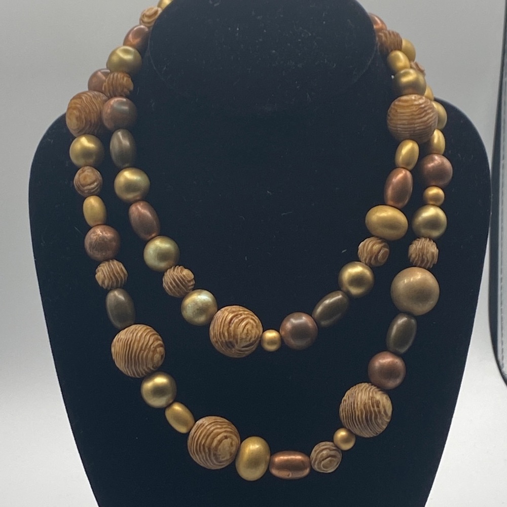 Couture Givenchy Leaf Necklace 80s Bold Faux Brown Wood Beaded GOLD TONE - Picture 5 of 8